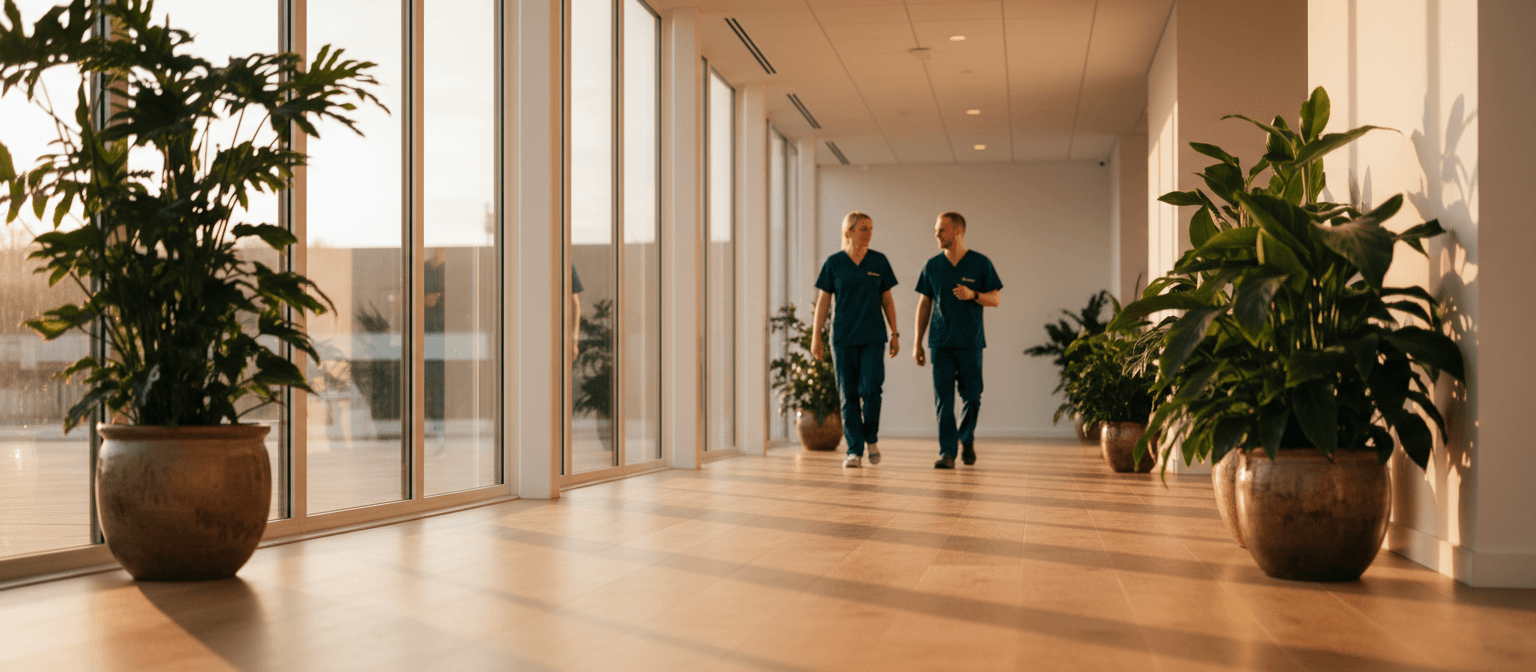 Serene boutique clinic corridor with warm golden light and teal-scrub doctors