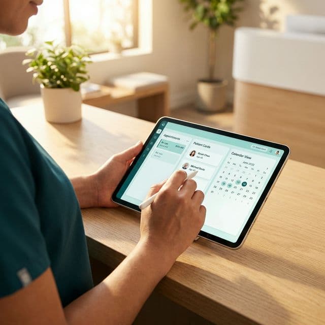 Doctor using Nevatal on a tablet in clinic