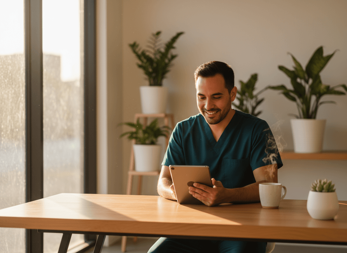 Doctor relaxed, reviewing clinic data on a tablet at end of day