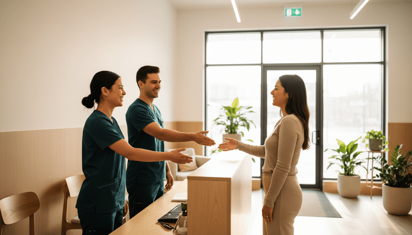 Clinic staff warmly welcoming a patient at a modern boutique clinic