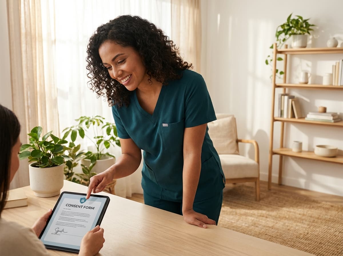 Doctor and patient reviewing a digital consent form for data privacy