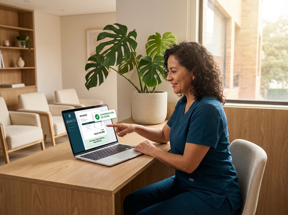 DIAN electronic invoicing interface on a laptop in a boutique clinic