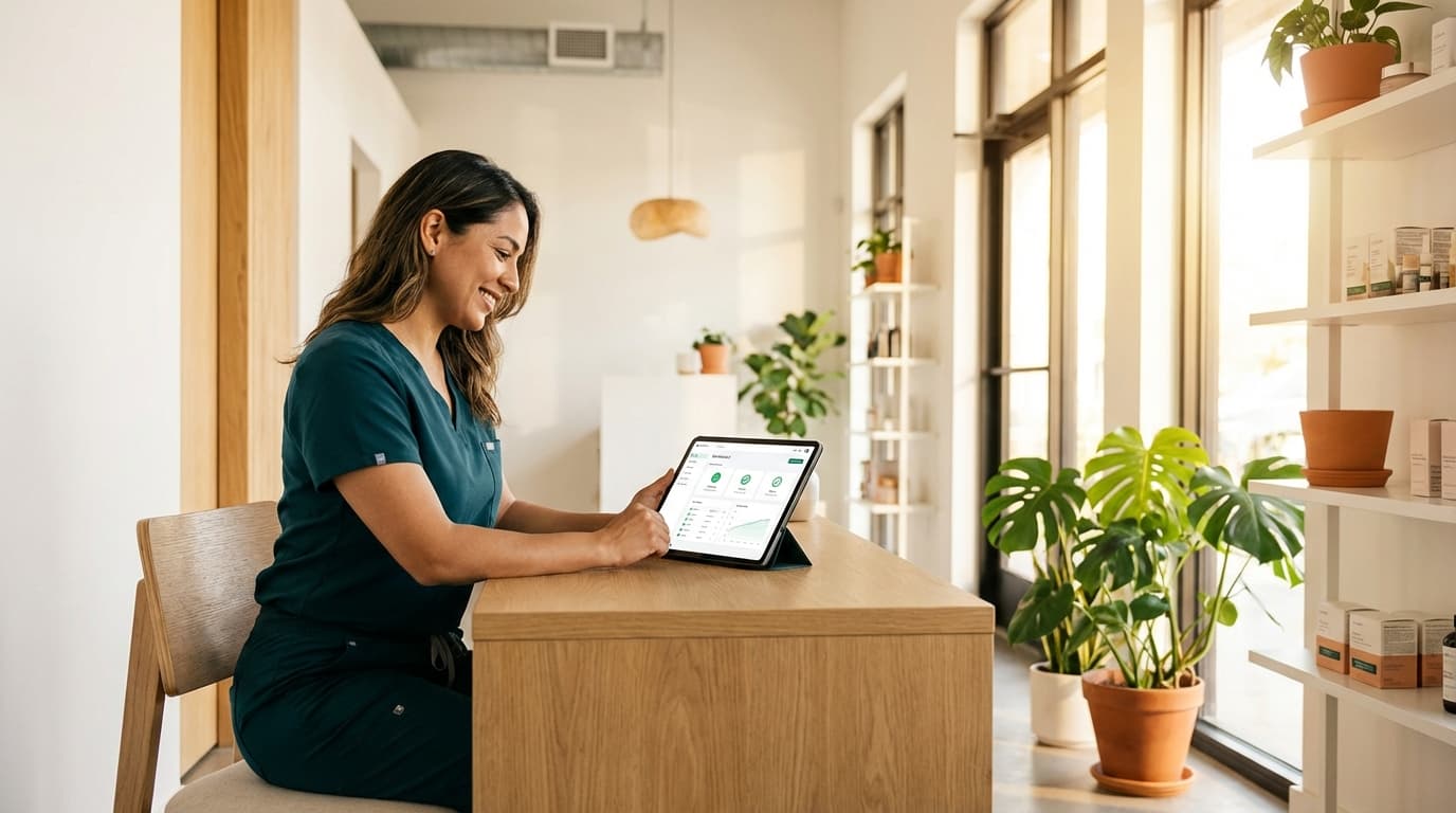 Doctor reviewing compliance dashboard in a modern boutique clinic