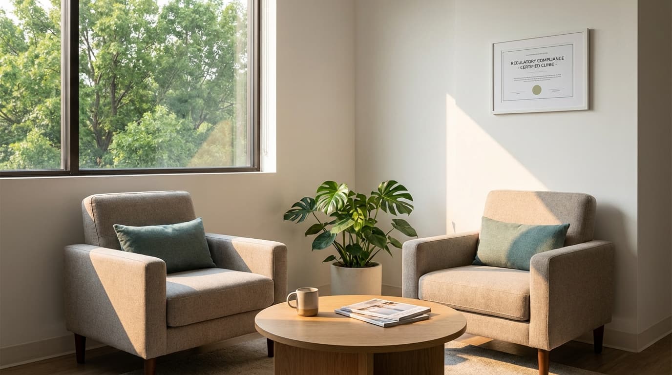 Tranquil boutique clinic waiting area communicating trust and compliance